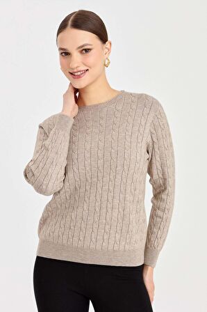 Desen Triko Kadın Sıfır Yaka Saç Örgülü Kazak 3329 Vizon