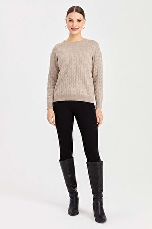 Desen Triko Kadın Sıfır Yaka Saç Örgülü Kazak 3329 Vizon