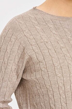 Desen Triko Kadın Sıfır Yaka Saç Örgülü Kazak 3329 Vizon