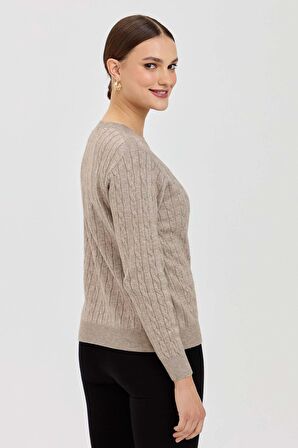 Desen Triko Kadın Sıfır Yaka Saç Örgülü Kazak 3329 Vizon