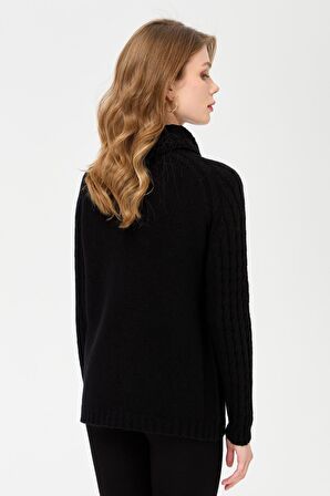 Desen Triko Kadın Degaje Yaka Kolu ve Yakası Saç Örgü Yün Kazak 23202 Siyah