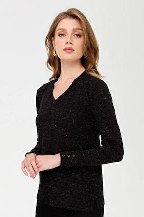 23393 DESEN TLL KOLLARI DÜĞMELİ SİMLİ BYN BLUZ V YAKA