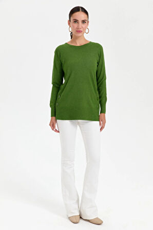 Desen Triko Kadın Sıfır Yaka Dikişsiz Yanları Düğmeli Simli Bluz 23390 K.Yosun