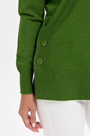 Desen Triko Kadın Sıfır Yaka Dikişsiz Yanları Düğmeli Simli Bluz 23390 K.Yosun