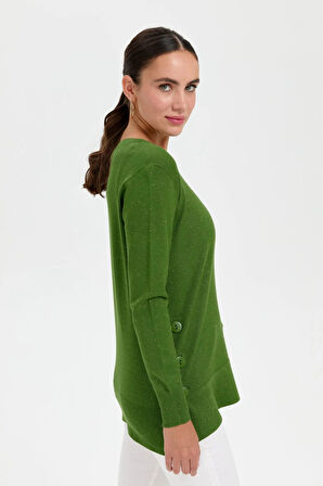 Desen Triko Kadın Sıfır Yaka Dikişsiz Yanları Düğmeli Simli Bluz 23390 K.Yosun