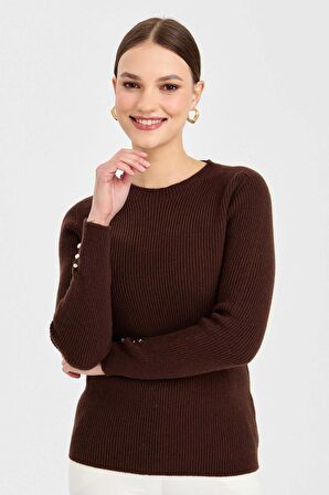 Desen Triko Kadın Sıfır Yaka Kol Ucu Düğmeli Yün Kazak 23158 M.Kahve