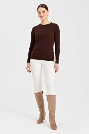 Desen Triko Kadın Sıfır Yaka Kol Ucu Düğmeli Yün Kazak 23158 M.Kahve