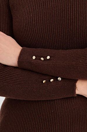 Desen Triko Kadın Sıfır Yaka Kol Ucu Düğmeli Yün Kazak 23158 M.Kahve