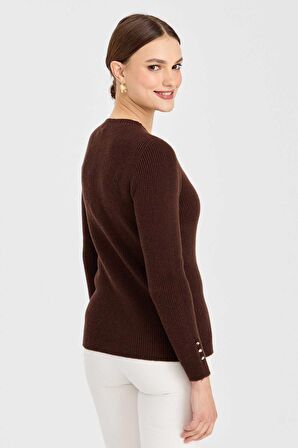 Desen Triko Kadın Sıfır Yaka Kol Ucu Düğmeli Yün Kazak 23158 M.Kahve