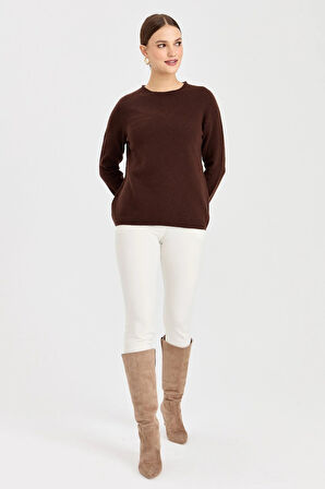 Desen Triko Kadın Sıfır Yaka Klasik Yün Kazak 23163 M.Kahve