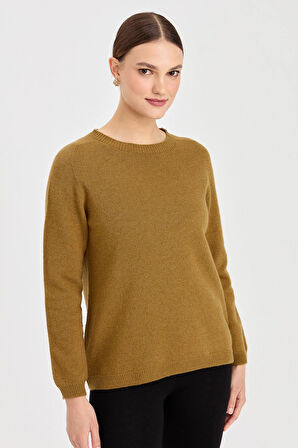 Desen Triko Kadın Sıfır Yaka Klasik Yün Kazak 23163 Haki