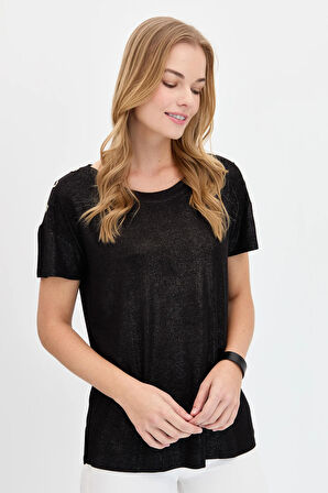 Desen Triko Kadın Sıfır Yaka Omuzları Düğmeli T-Shirt KMY24028 Siyah