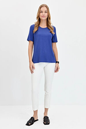 Desen Triko Kadın Sıfır Yaka Flamlı Kumaş Penye T-Shirt KMY24084 Indigo