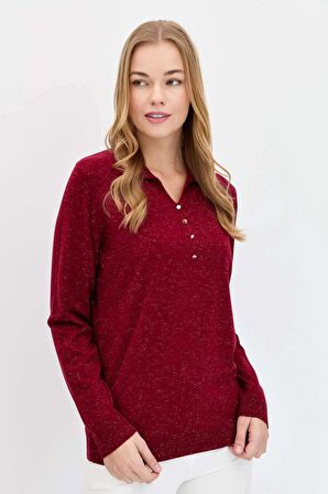 Desen Triko Kadın Polo Yaka Angelina Basic Kazak 23026 Vişne Çürüğü