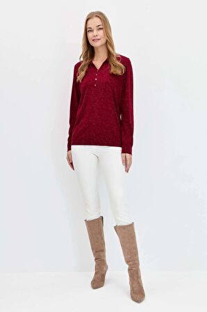 Desen Triko Kadın Polo Yaka Angelina Basic Kazak 23026 Vişne Çürüğü