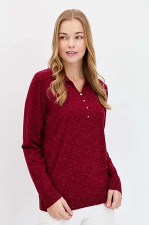 Desen Triko Kadın Polo Yaka Angelina Basic Kazak 23026 Vişne Çürüğü