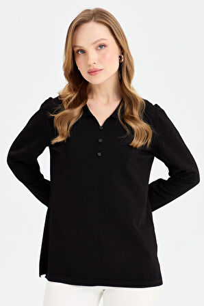 Desen Triko Kadın Polo Yaka İnce Triko Bluz 23355 Siyah