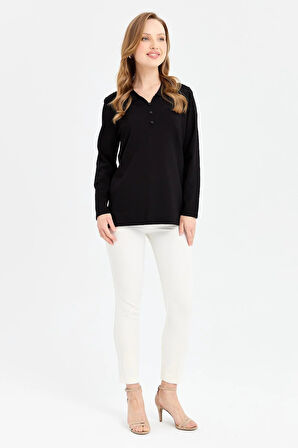 Desen Triko Kadın Polo Yaka İnce Triko Bluz 23355 Siyah