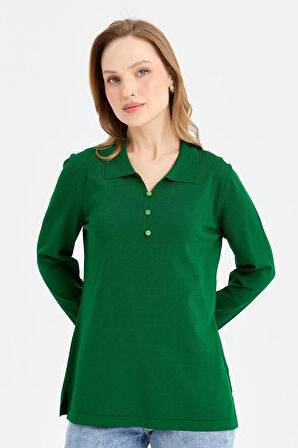 Desen Triko Kadın Polo Yaka İnce Triko Bluz 23355 Yeşil