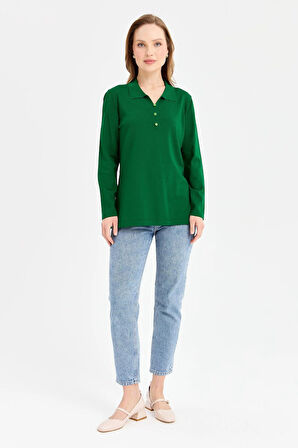 Desen Triko Kadın Polo Yaka İnce Triko Bluz 23355 Yeşil