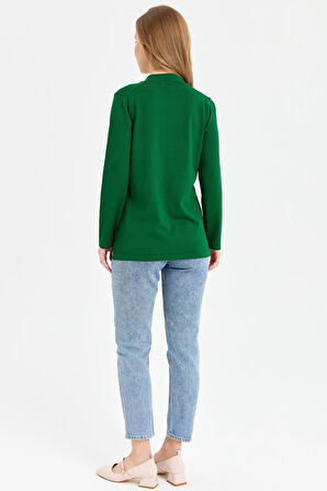 Desen Triko Kadın Polo Yaka İnce Triko Bluz 23355 Yeşil