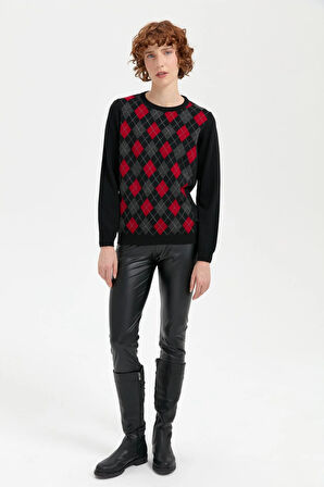 Desen Triko Kadın Sıfır Yaka Önü Baklava Desenli Yün Kazak 24035 Siyah