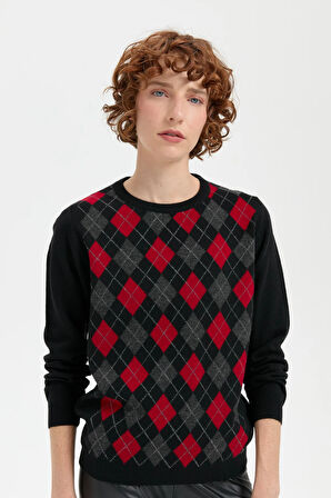 Desen Triko Kadın Sıfır Yaka Önü Baklava Desenli Yün Kazak 24035 Siyah