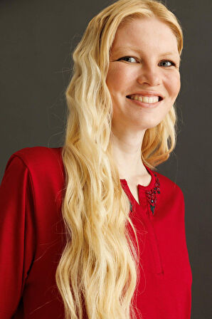 Desen Triko Kadın Açma Yaka Dantel Çiçek İşlemeli Penye T-Shirt 24751 Bordo