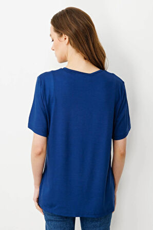 Desen Triko Kadın Açma Yaka Dantel Çiçek İşlemeli Penye T-Shirt 24751 Indigo