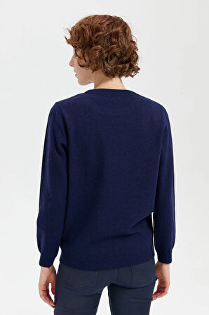 Desen Triko Kadın Sıfır Yaka Önü Baklava Desenli Yün Kazak 24035 Açık Lacivert