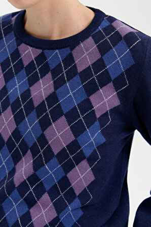 Desen Triko Kadın Sıfır Yaka Önü Baklava Desenli Yün Kazak 24035 Açık Lacivert