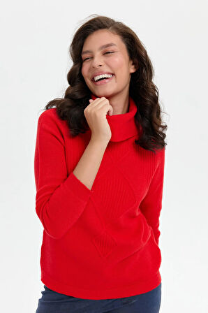 Desen Triko Kadın Degaje Yaka Dikişsiz Önü Selanik Örgü Yün Kazak 24200 Mercan