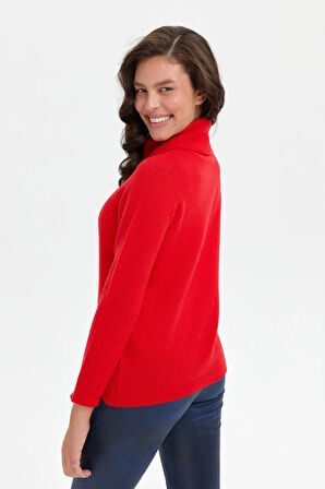 Desen Triko Kadın Degaje Yaka Dikişsiz Önü Selanik Örgü Yün Kazak 24200 Mercan