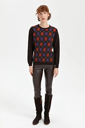 Desen Triko Kadın Sıfır Yaka Önü Baklava Desenli Yün Kazak 24035 Koyu Kahve