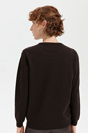 Desen Triko Kadın Sıfır Yaka Önü Baklava Desenli Yün Kazak 24035 Koyu Kahve