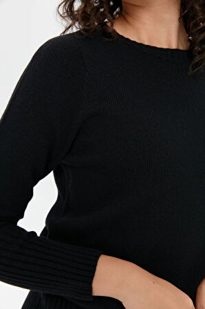 Desen Triko Kadın Sıfır Yaka Dikişsiz Eteği ve Kolu Uzun Lastik Yün Kazak 24210 Siyah