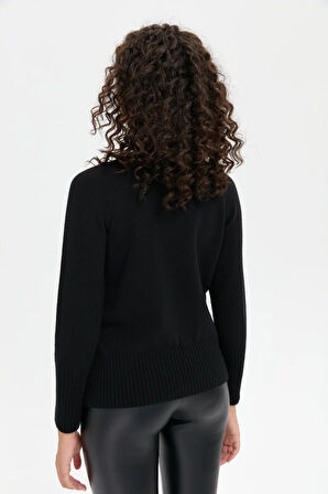 Desen Triko Kadın Sıfır Yaka Dikişsiz Eteği ve Kolu Uzun Lastik Yün Kazak 24210 Siyah