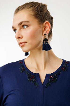 Desen Triko Kadın Yakası Dantel İşlemeli Penye Bluz 24752 Lacivert