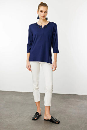 Desen Triko Kadın Yakası Dantel İşlemeli Penye Bluz 24752 Lacivert