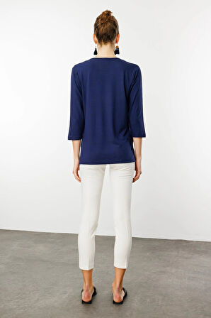 Desen Triko Kadın Yakası Dantel İşlemeli Penye Bluz 24752 Lacivert