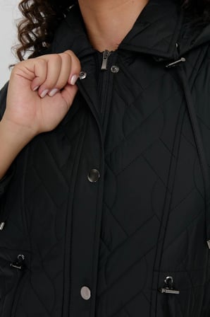 Desen Triko Geometrik Desen Beli Bağcıklı Kapşonlu Kısa Kapitone Kadın Kaban 24412