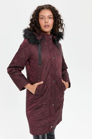 Desen Kapüşonlu Midi Oversize Kaban - Kışlık