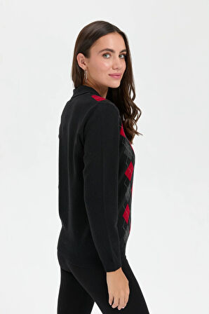 Desen Triko Kadın Polo Yaka Önü Baklavalı Yün Kazak 24037 Siyah