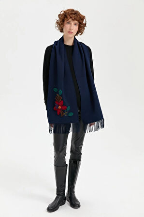 Desen Triko Kadın Örgü Çiçek İşlemeli Püsküllü Kaşkol 24072 Lacivert