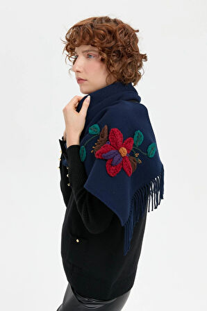 Desen Triko Kadın Örgü Çiçek İşlemeli Püsküllü Kaşkol 24072 Lacivert