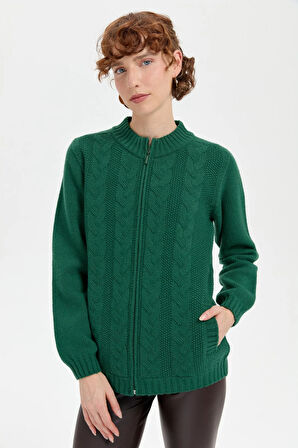 Desen Triko Kadın Dik Yaka Dikişsiz Önü Saç Örgülü Yün Hırka 24268 Ö. Başı