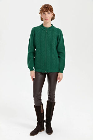 Desen Triko Kadın Dik Yaka Dikişsiz Önü Saç Örgülü Yün Hırka 24268 Ö. Başı