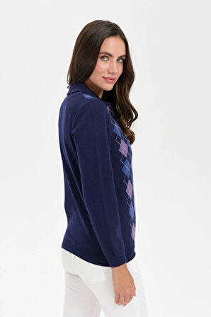 Desen Triko Kadın Polo Yaka Önü Baklavalı Yün Kazak 24037 Açık Lacivert