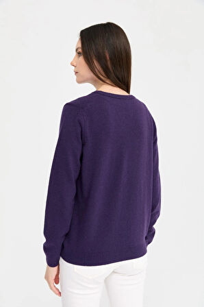 Desen Triko Kadın V Yaka Yün Hırka 21021 K.Mor