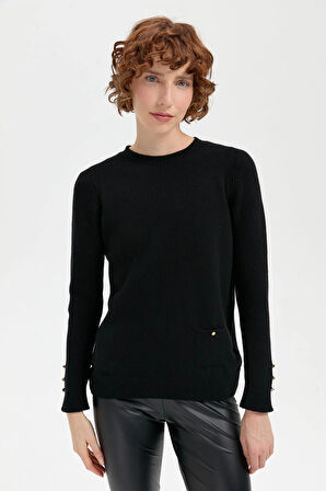 Desen Triko Kadın Sıfır Yaka Dikişsiz Cepli Yün Kazak 24205 Siyah